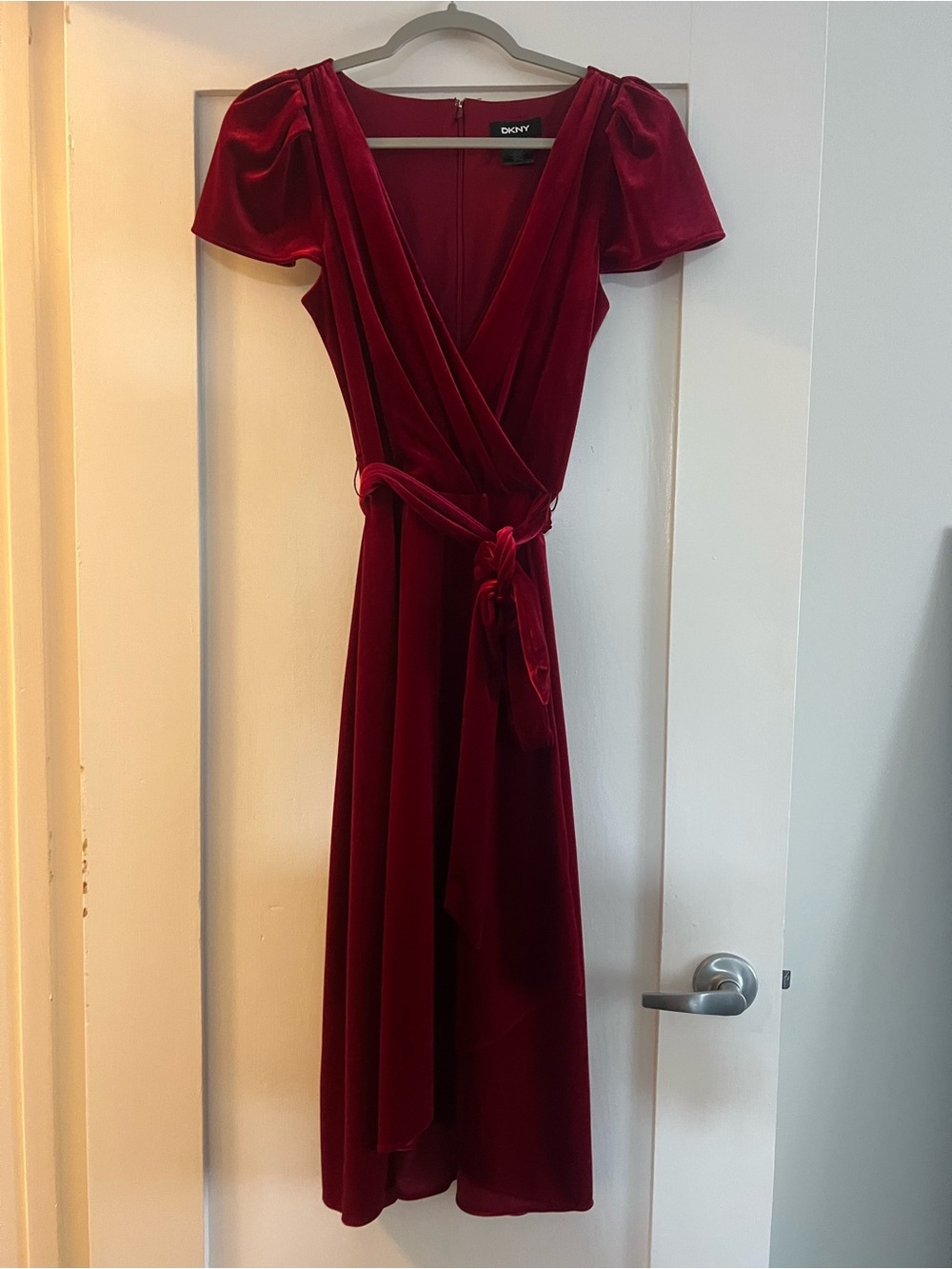 DKNY Burgundy Velvet Wrap Midi Dress with Puff Sleeves
